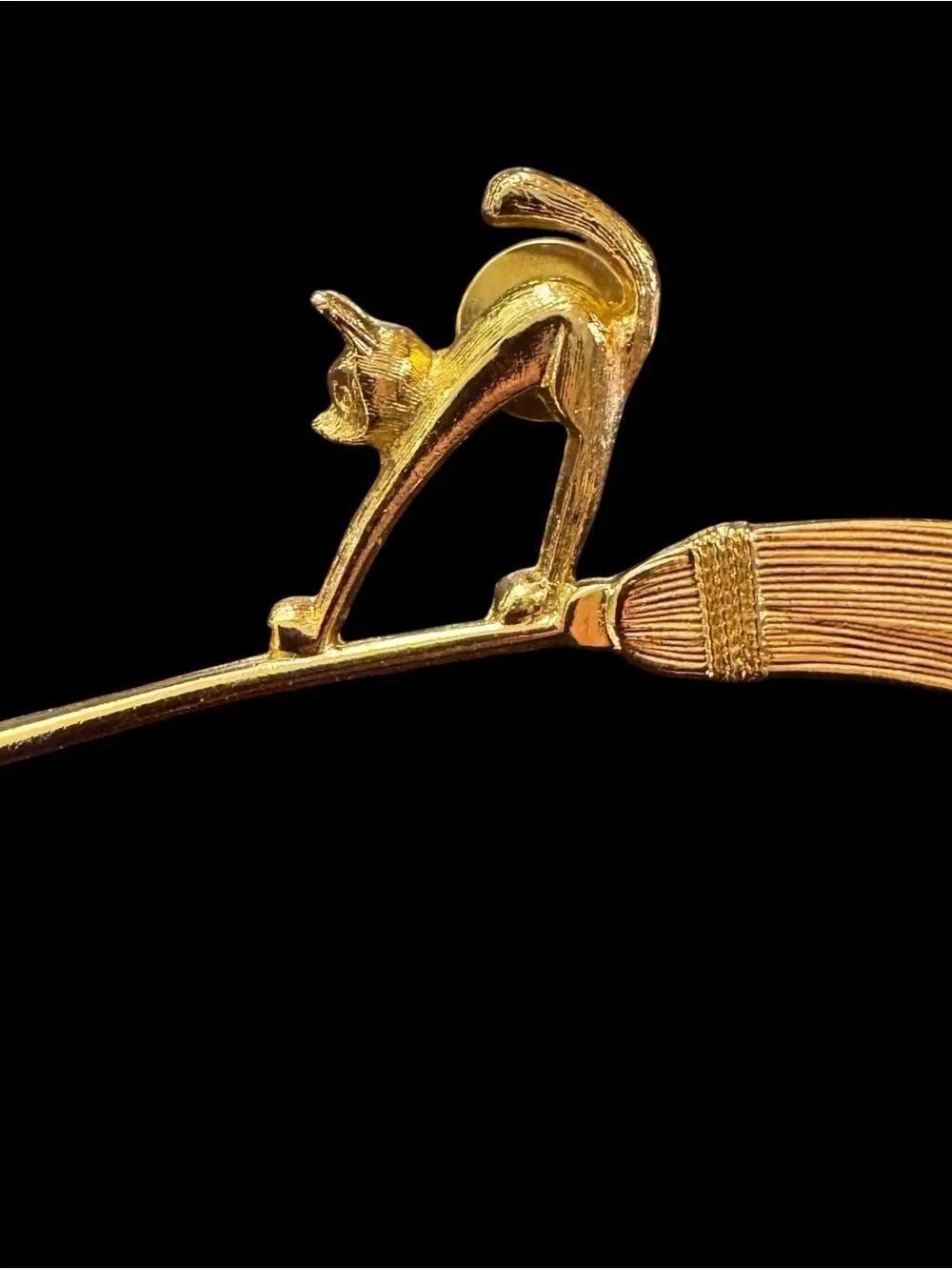 Vintage Avon Gold Cat on Broomstick Brooch Pin